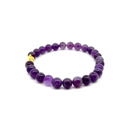 24K Gold Piyao Pixiu Lucky Charm Bracelet Gemstones Amethyst 8mm Size 8 inches
